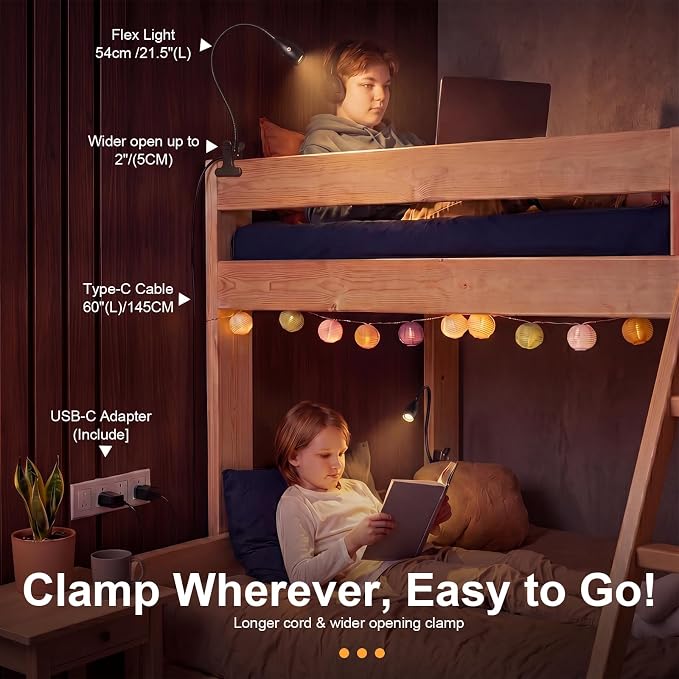 1 Pcs LED Clip on Reading Light for Bed Headboard, 3 Color Dimmable Stepless Book Light with Flexible Gooseneck Clamp Desk Lamp for Reading with USB for Bedroom, Dorms, Office, Studio (Black)
