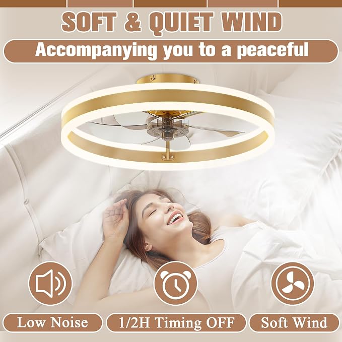 VOLISUN Low Profile Ceiling Fans with Lights and Remote, 19.7in Flush Mount Ceiling Fans with Light, 3000K-6500K Dimmable Fandelier LED Fan Light, Gold Bladeless Ceiling Fans with Lights for Bedroom