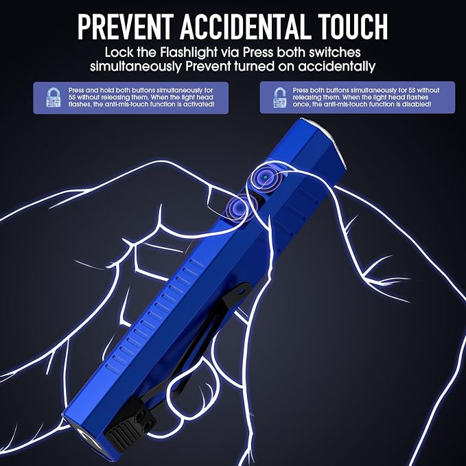 2pack Rechargeable EDC Flashlight - Emergency One Click Strobe Mode, 1600 High Lumens Portable Pocket light Mini Flashlight , Magnetic Small EDC Slim Flat Flashlight for Working Camping Repairing Blue