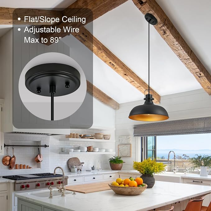 Black Farmhouse Pendant Lights for Kitchen Island 16 Inch | ETL Certificate,Industrial Adjustable Height Vintage Dome Hanging Light Fixtures for Barn,Dining Room 1 Pack
