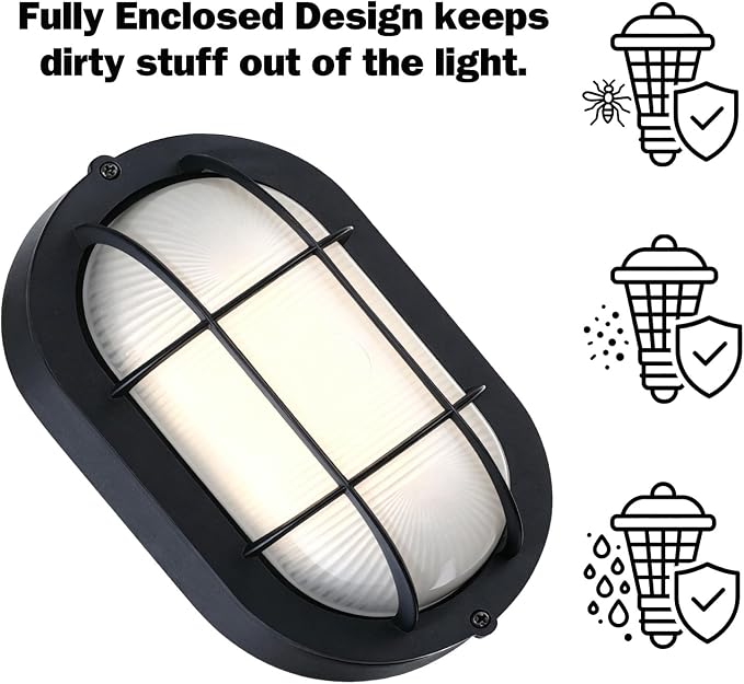 GRUENLICH LED Bulkhead Light Fixture, Aluminum Outdoor Wall Lantern, 8.5" | Oval Exterior Porch Light Wall Sconce for House Walkway Nautical Sauna, Dimmable 6W 600 Lumen, Glass, 3000K, Black, 2 Pack