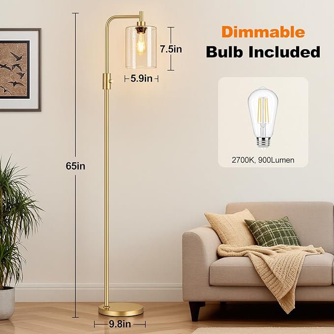 【Upgraded】 Dimmable Floor Lamp for Living Room with Seeded Glass Lampshade, Gold Modern Glass Floor Lamp with 900LM LED Bulb Included, Arc Standing Tall Lamp for Bedroom, Office, Reading Room, Corner