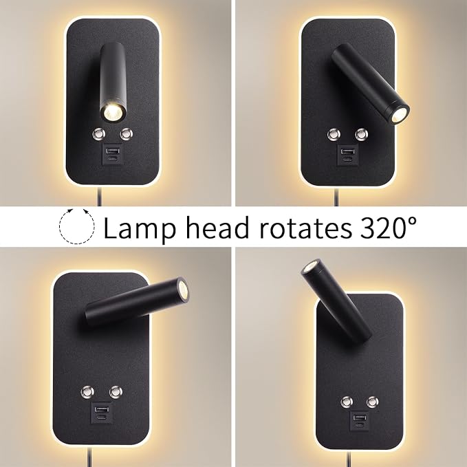 Wall-Mounted LED Bedside Reading Light Plug-in, with USB Charging Port, Stepless Touch Dimming, 3000K Warm Ambient Lighting Wall Lamp Sconce for Bedroom, Eye-Caring Bedroom Lighting (Black)