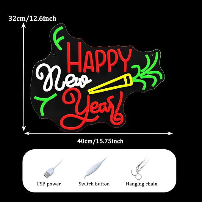 GNVETZLL Happy New Year Neon Sign for Wall Decor Dimmable Colorful New Year LED Light Sign for Bar Party Celebrate New Year Christmas Decoration(15.75 * 12.6In)