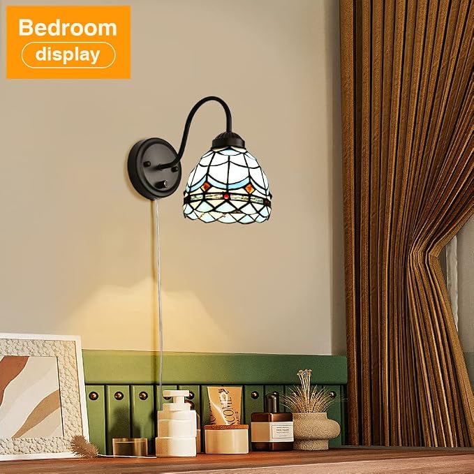 Bedside Wall Mount Lamp with Dimmable Switch, Industrial Vintage Gooseneck Wall Sconce with Plug in Cord, Wavy Blue Stained Glass Shade Wall Light Perfect for Bedroom, Living Room