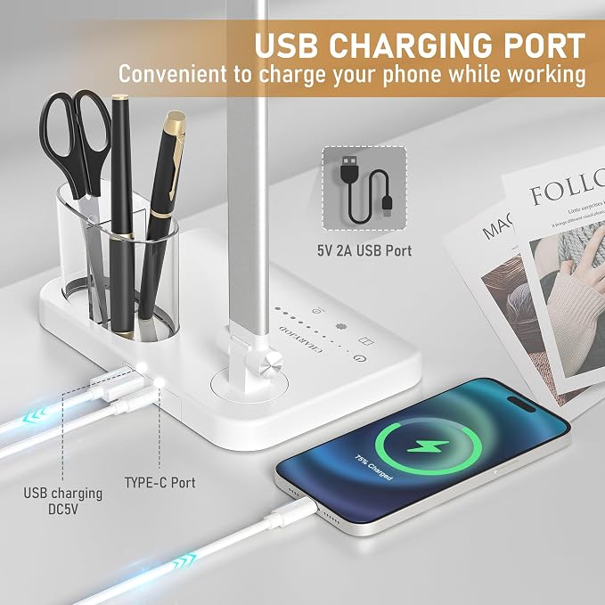 LED Desk Lamp for Home Office Desk Light Table Lamp 50 Lighting Modes Timer | Eye-Caring Desk Lamp with USB Adapter, Foldable Dual Swing Arm Architect for Reading, Study, Workbench