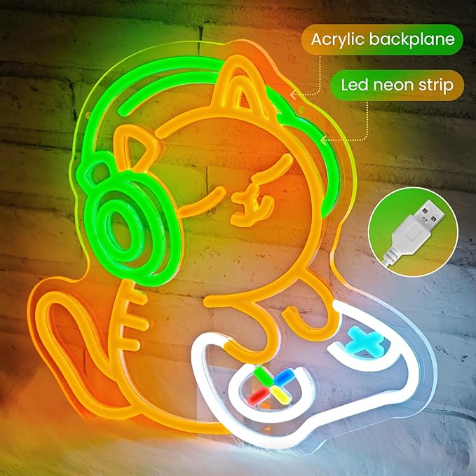 Cat Gaming Neon Sign for Wall Decor, Cute Gamer Cat LED Neon Light with Headphones & Game Controller, USB Powered Dimmable Gaming Room Neon Sign for Bedroom Desk Setup Man Cave Decor