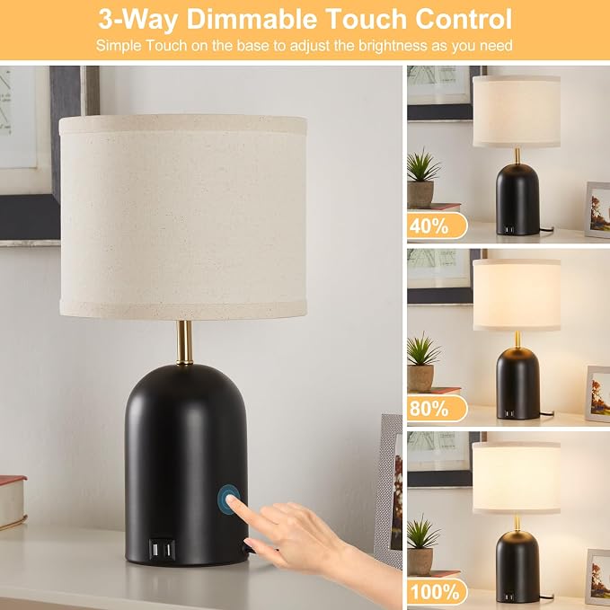 Touch Control Table Lamps Set of 2, Modern Bedside Lamp with 2 USB Ports, Dimmable Gold and Black Nightstand Lamp with Fabric Shade for Living Room Bedroom Office Dorm(LED Bulbs Included)