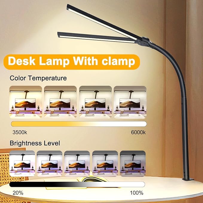 Double Head LED Desk Lamp for Office - Eye Caring Lamp with Clamp | Flexible Adjustable Lighting Gooseneck Desk Light, 4 Color Modes & 5 Brightness Levels for Monitor Workbench Study