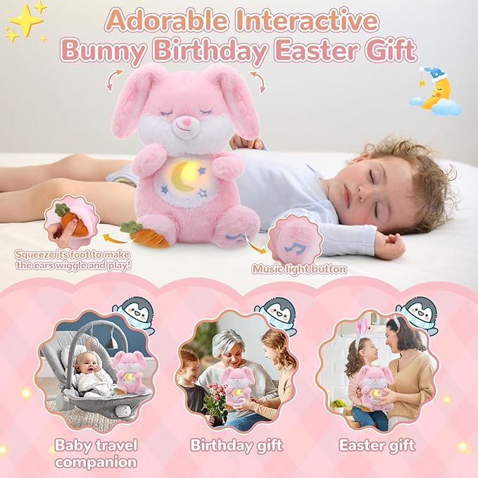 Breathing Stuffed Animal, Soothe Snuggle Pink Easter Bunny Stuffed Animal for Anxiety Adults and Kids, Volume Control Soothing Bunny Plush with Realistic Breathing and Lights, Easter Basket Stuffers