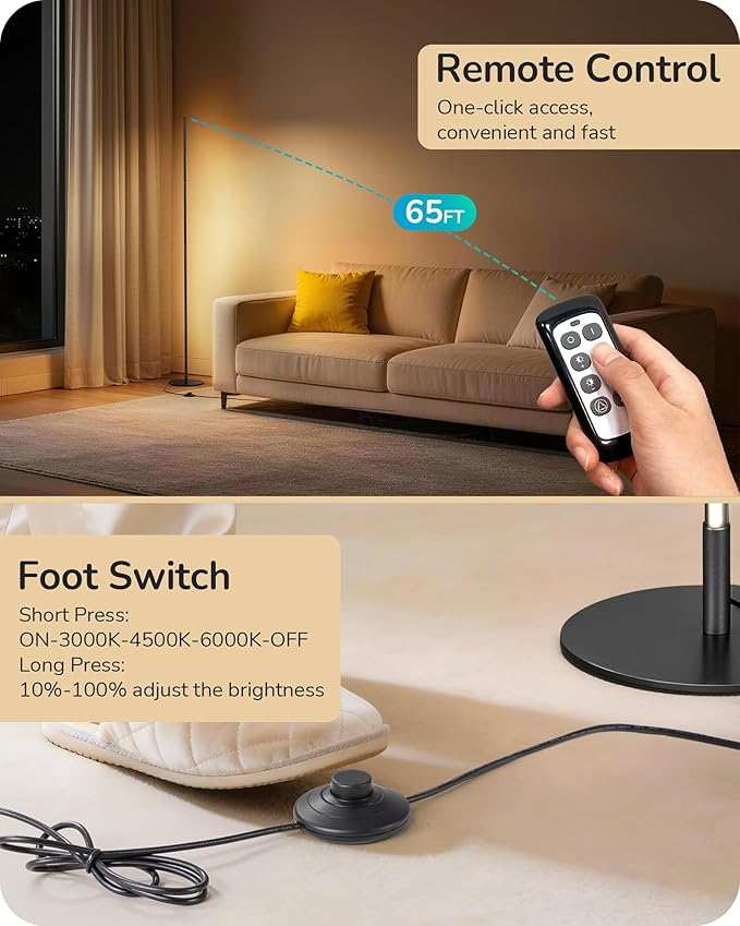 EDISHINE 59.8" Floor Lamp with Remote & 3 Height Settings, Dimmable & 3CCT | Foot Switch, Stable KD Structure, Modern Floor Lamps for Living Room, Bedroom, Office, Black