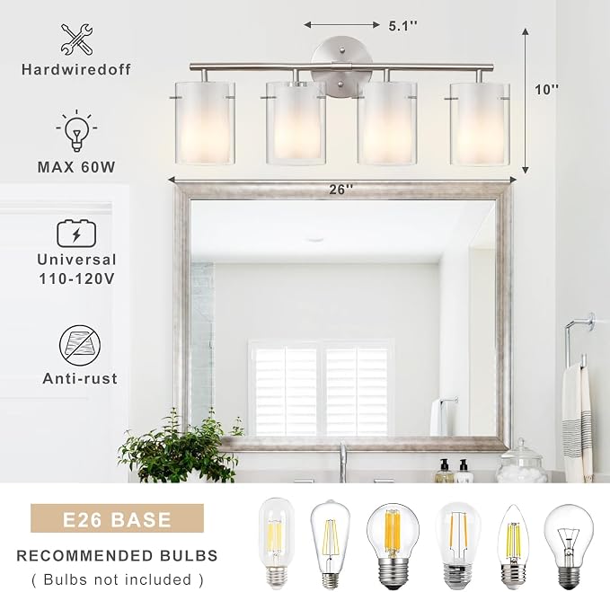 Brushed Nickel Bathroom Light Fixtures Over Mirror, 4-Light 26-Inch Vanity Lights with Dual Glass Shades, Eye-Friendly Modern Vanity Lights for Bathroom Bedroom Living Room Hallway