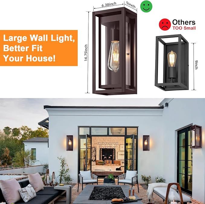 15" Outdoor Wall Lights, Brown Exterior Lighting Fixtures | Large Size, Anti-Rust, Waterproof, Tempered Glass, Easy Installation, Modern & Classic Outdoor Sconces for House Porch Garage