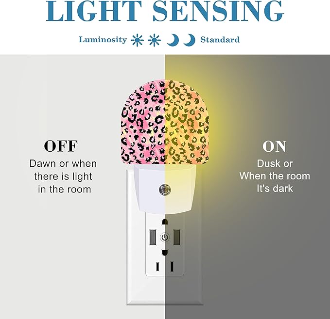 Plug in Night Lights Pink Watercolor Leopard Skin Nightlight Plug Into Wall Dusk to Dawn Sensor LED Night Light for Kid Girls Boys Room Decor, Hallway, Kitchen, Bathroom, Nursery, Stairs