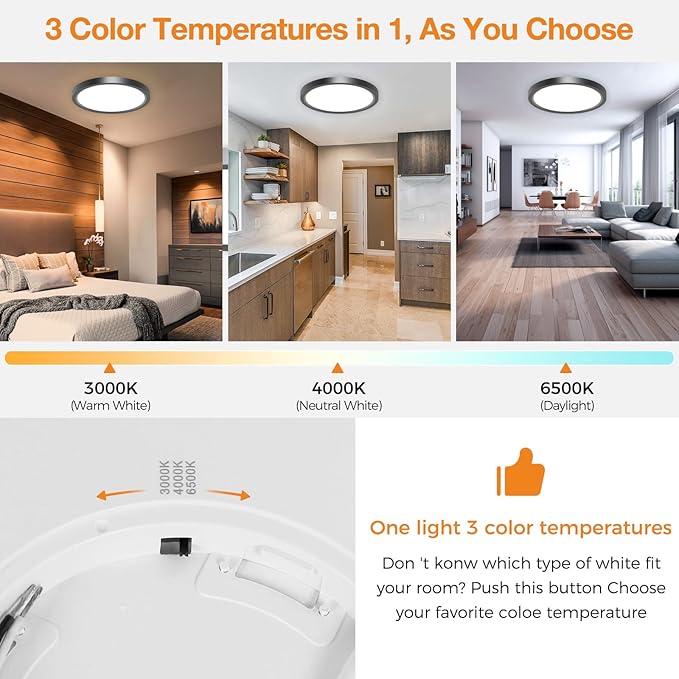 1PACK LED Flush Mount Ceiling Light Fixture, 3000K-4000K-6500K & 100W Equivalent Modern Kitchen Ceiling Lamp 24W 3200Lm 12 Inch Closet Round Surface for Bathroom Laundry Bedroom Hallway, Black