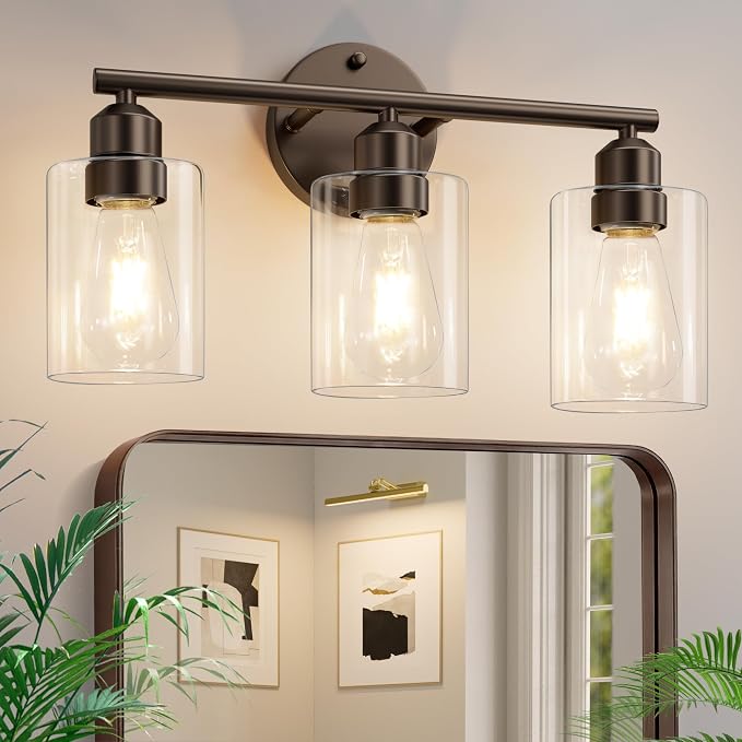 3-Light Bathroom Vanity Light, Clear Glass & Brown,17.3" | Modern Wall Lamp, For Mirror