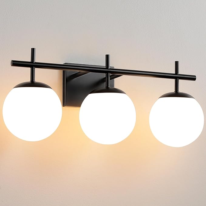 Black Bathroom Vanity Light, 3-Light Bathroom Lighting Fixtures Over Mirror with Milky White Globe Glass Shade, Mid Century Modern Vanity Lights Fixture Over Mirror 22.4 Inch