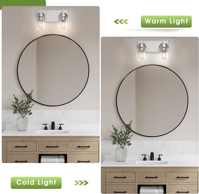 Bathroom Vanity Fixtures, 2 Light Matte Nickel Vanity Light with Clear Glass Shade, 15in Farmhouse wall Light, Lighting Fixture Over Mirror for Bathroom