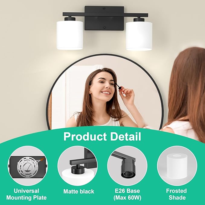 Honesorn Modern Vanity Lights - 2 Light Black Bathroom Light Fixtures with Frosted Shade, E26 Wall Mounted, Anti-Rust