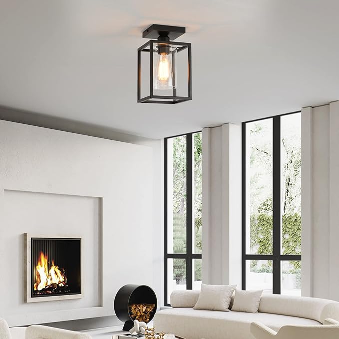 1 Pack Semi Flush Mount Black Metal Frame Ceiling Light with Clear Glass Shade, Farmhouse Fixture for Kitchen, Island, Entryway, Porch, Foyer, Dining Room