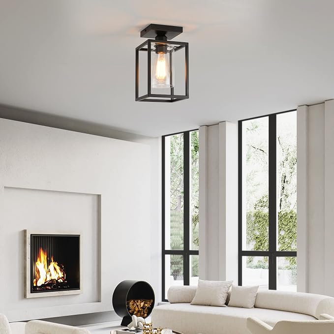 3 Pack Semi Flush Mount Ceiling Light,Black Metal Frame Ceiling Light Fixture with Clear Glass Shade, Farmhouse Light Fixture for Kitchen Island Entryway Porch Foyer