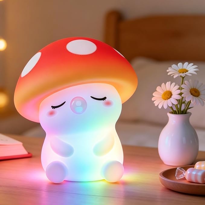 FAMIDUO Mushroom Night Light for Kids, Silicone Squishy RGB Nursery Lamp | 2-Brightness & Breathing 7-Color Rainbow, Anti-Blue Eye-Caring, BPA-Free Silicone Mood Light , Cute Gifts for Baby Toddler
