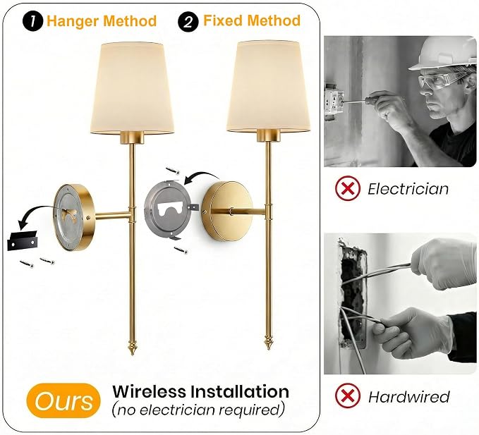 IRONPAX Wall Sconces Battery Operated Set of 2, Wireless Rechargeable Wall Sconce Set of Two, Dimmable Wall Lights with Remote for Bedroom Living Room Hallway Decor (Gold, Fabric Shade)