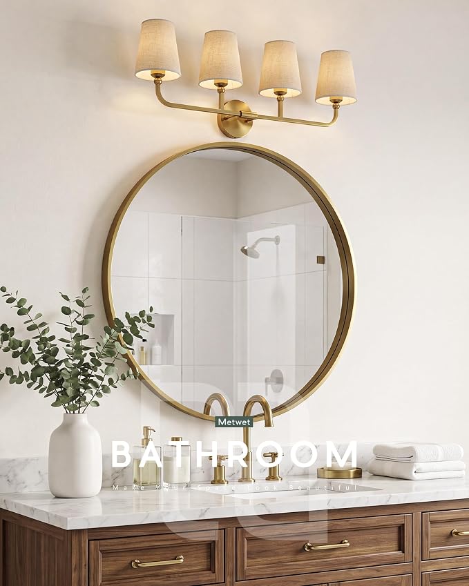 4-Light Brushed Gold Bathroom Vanity Light, Brown Linen Fabric Shade | 28 Inch gold bathroom light fixture over mirror, UL listed, E26 bulbs, hardwired, upward only, VL837-BG-L-4
