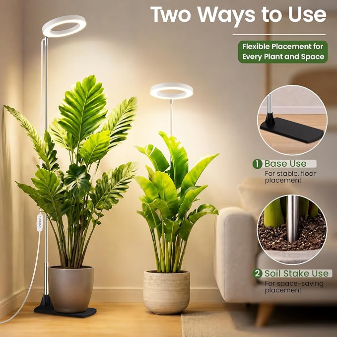 Grow Lights for Indoor Plants, 6.3" Full Spectrum Plant Light with Base | 59" Adjustable Grow Lamp For tall Large Plants, Base/Soil Stake, 6/8/12/16H Auto Timer, 3 Light Color, 5 Brightness, 2 Packs