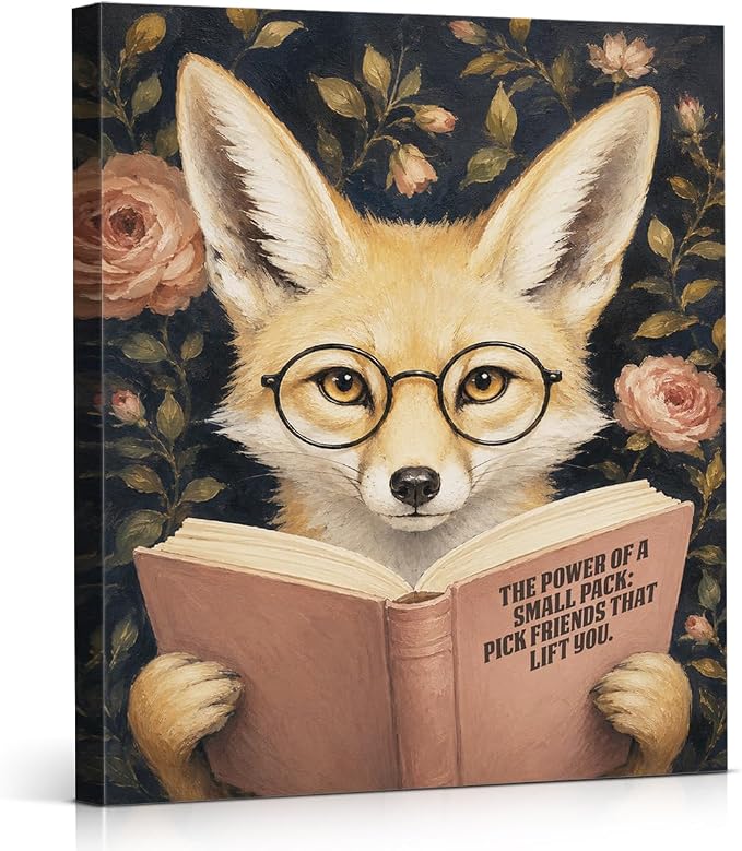 NSFBESSLIA Funny Coyote Reading BooK Painting, Whimsical Vintage Animal Decor, The Power Of A Small Pack, Cottagecore Wall Art for Living Room Bedroom Entryway, 8x10 Inch