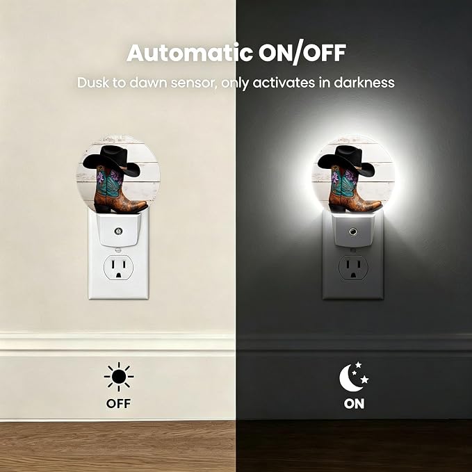Nightlight Cowboy Boots Night Lights Plug Into Wall Auto Sensor | Rustic Western Night Light Dusk to Dawn Led Sleep Round Lamp for Living Room Hallway Stairs