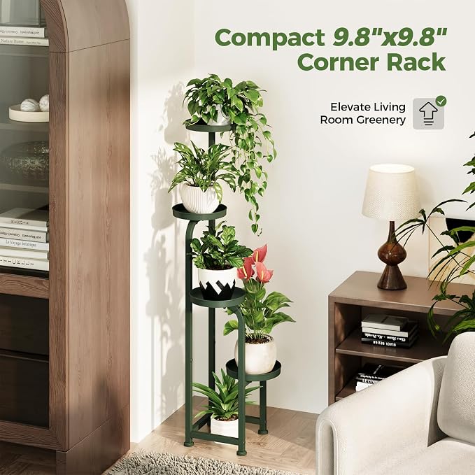 Bamworld Corner Plant Stand Indoor Outdoor Tall Metal Flower Pot Stands | 4 Tier Dark Green Plant Shelf for Multiple Plants Plant Table for Patio Garden Balcony Living Room Bedroom(Patent Design)
