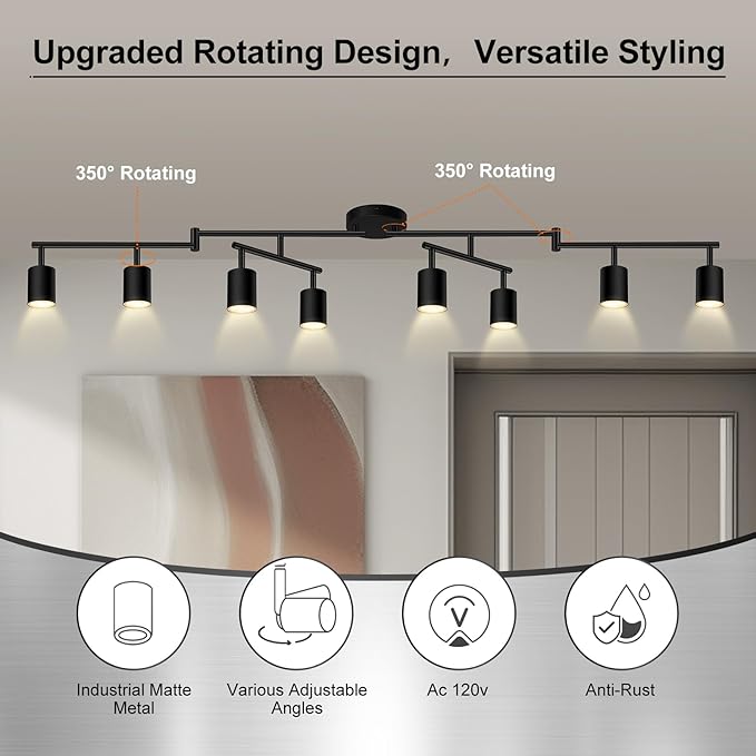 8 Light Track Lighting Fixtures Ceiling, Matte Black Kichen Track Lighting Fixtures, Rotatable Light Heads, Adjustable Modern LED Track Lights for Kitchen/Hallway, No GU10 Bulb
