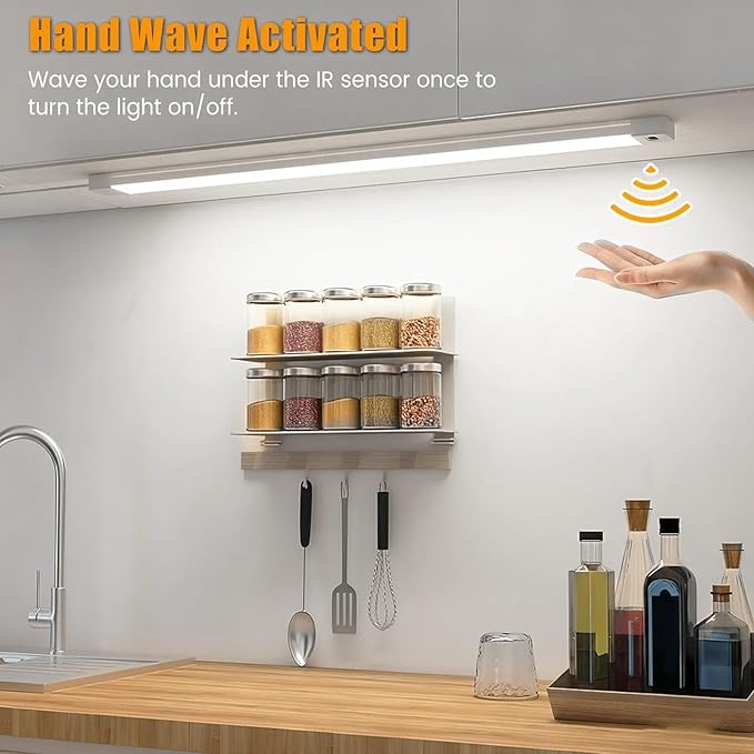 MYPLUS 16 Inch Under Cabinet Lights with Hand Wave, Under Counter Lighting 5000K Cold White,Dimmable,Plug and Play,LED Lights for Kitchen Cabinet, Cupboard, Closet, Desk