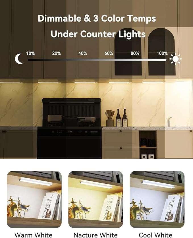 12 Packs 12-in Under Cabinet Lighting with 2 Charging Stations, Rechargeable Motion Sensor Light Indoor, 3 Color Dimmable Closet Light, USB Led Stick on Under Counter Lights for Kitchen Shelf