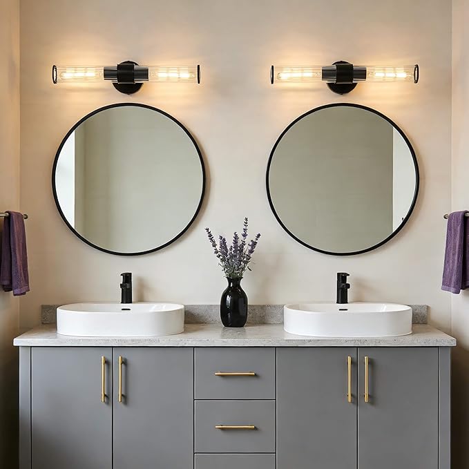 Bathroom Light Fixtures 2 Pack Hardwired, Black Wall Sconce Threaded Glass Vanity Light Featuring Two E26 sockets, Bathroom Wall Light Dimmable - Bulb Not Included, UL Certification