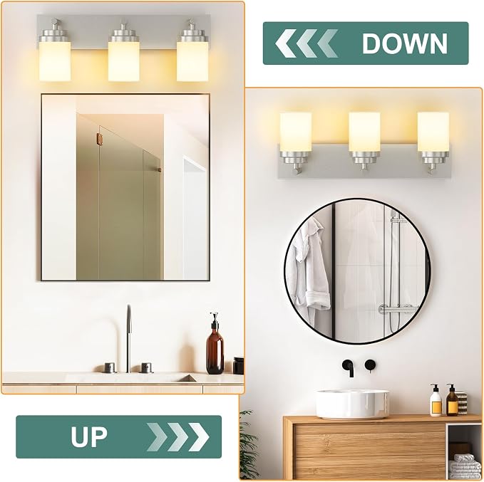 IZORRO Bathroom Vanity Light Fixture, 3-Light 22 Inch Brushed Nickel Bathroom Light Fixtures Over Mirror, with White Glass Shade, Modern Farmhouse Vanity Lights, Rustic Restroom Lighting Fixtures