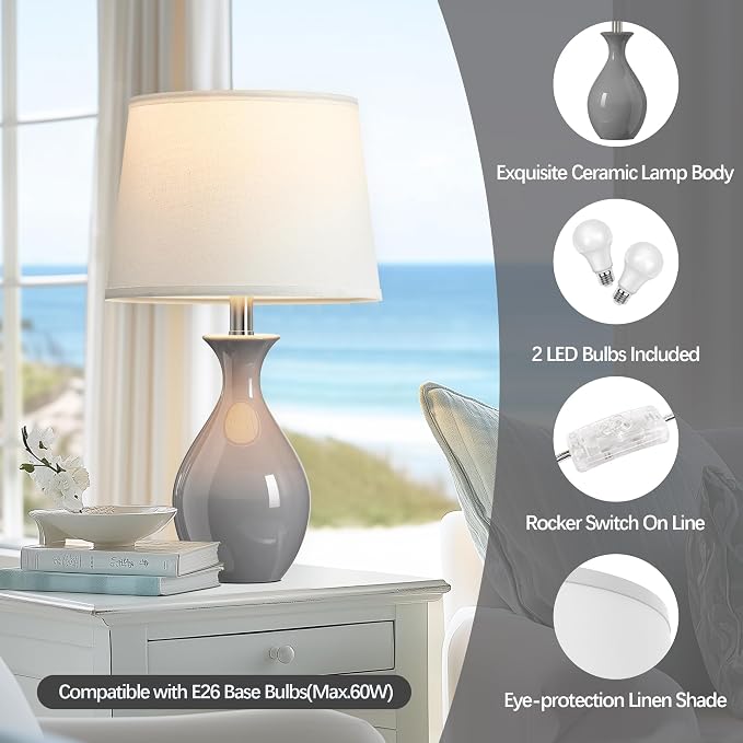Table Lamp Set of 2, Modern Ceramic Bedside Lamps for Night Stands, Classic Small Lamp Nightstand Lamp for Bedroom Living Room Desk End Table Rocker Swtich Grey