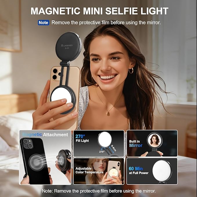 UEGOGO Magnetic Selfie Light with Mirror for iPhone, MagSafe Compatible LED Fill Light, CRI≥95, Foldable LED Phone Ring Light for Makeup, Photography, Video Calls & Vlogging