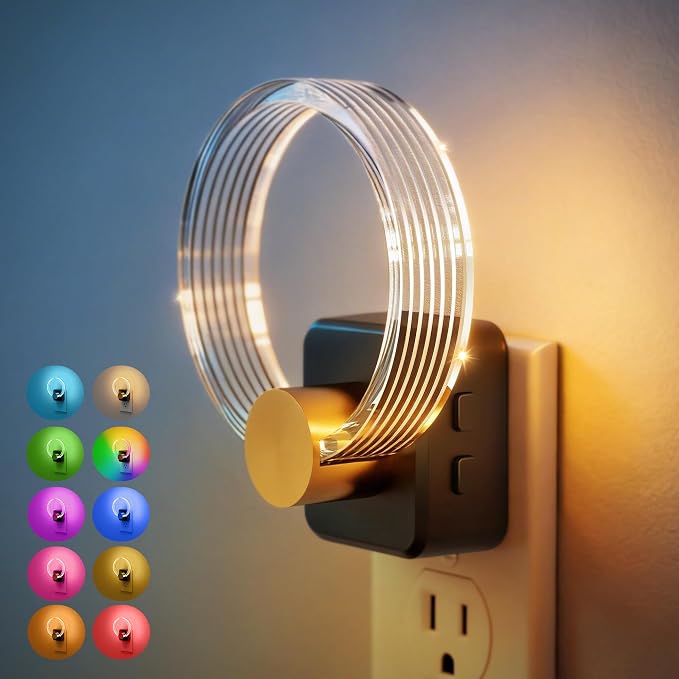 JandCase Night Light, Color Changing Night Lights Plug into Wall, 1 Pack | RGB Nightlight with Light Sensor, 180° Rotatable Plug in Nightlights, Dimmable Ring Acrylic Night Light for Kids Gift Hallway