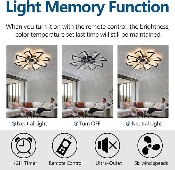Modern Ceiling Fan with Lights and Remote Control, 32" Black Flush Mount Fan with 3 Light Colors, 6 Speeds, Low Profile for Kitchen and Bedroom