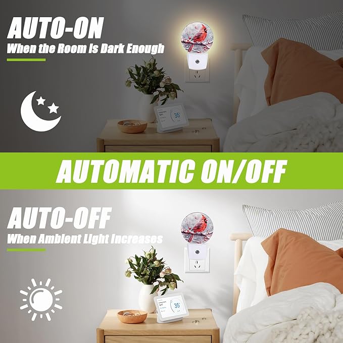 Red Cardinal Bird Night Light,Chrismas Snow Night Lights Plug into Wall for Kitchens Toilets Bedroom Decorative Half Round Nightlight Led Lamp 0.5W Sleep Friendly