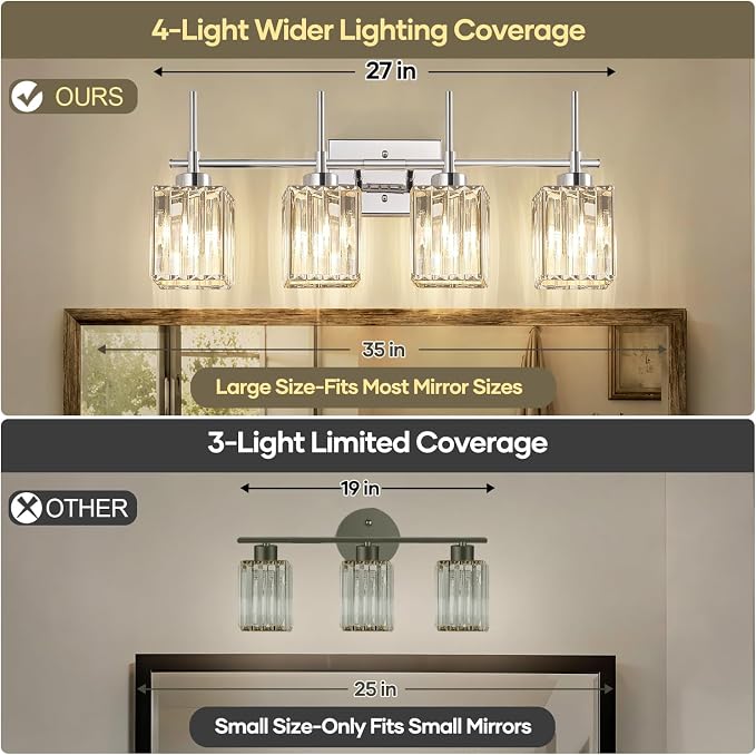 Torondo Modern Crystal Bathroom Vanity Light 4-Lights Chrome Bathroom Light Fixtures Over Mirror Vanity Lighting Fixtures Gold Square Shade Wall Sconce (Bulbs Not Include)