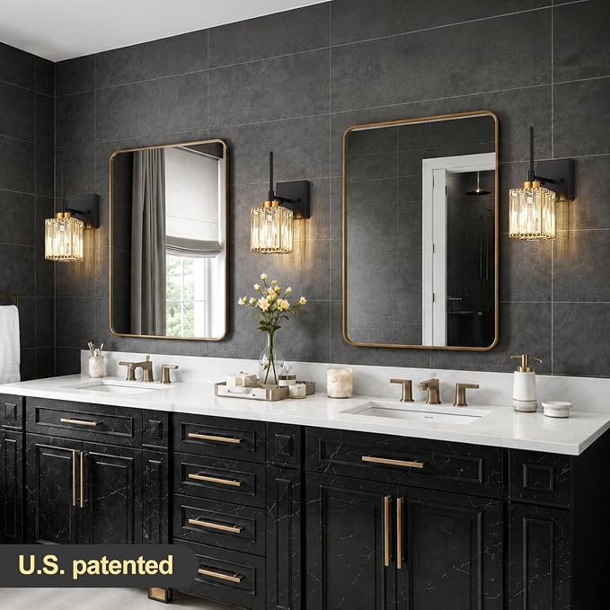 [Hardwired] Bathroom Wall Sconces Set of Two Bathroom Light Fixtures | Hardwired, Premium Crystal, Black and Gold Superior Durable Metal, Wall Lights for Living Room Bathroom Hallway Bedroom