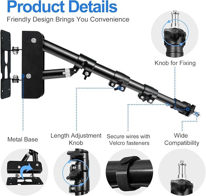 EMART Ring Light Wall Mount Boom Arm, Adjustable 42in/106cm Mounted Overhead Stand, 180°Rotation Heavy Duty Triangle Bracket Mounting Bar for Camera, Photography Lighting, Barber Led Lamp
