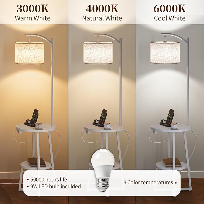 Yoobure Floor Lamp with Table - Farmhouse Night Stand with Charging Station | Side Table with Floor Lamps for Living Room, Bedroom, End Table with Lamp Attached 3 Color Temperatures Bulb, 2 Tier Shelves