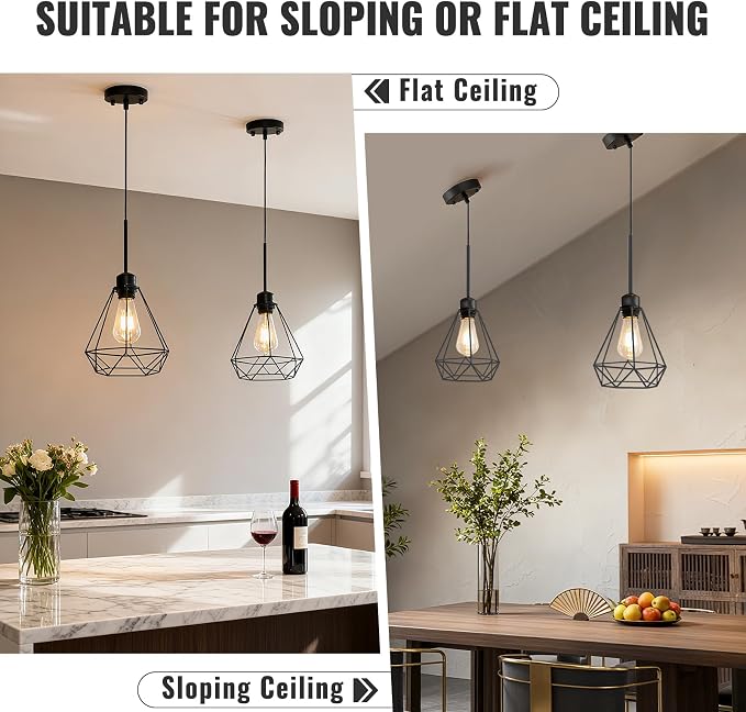 Maliralt Pendant Light Hanging Lights Fixture - Black Industrial Hanging Lamps with Metal Diamond Shade for Kitchen Island, Dining Room Over Table, Breakfast Corner, Farmhouse Home Decor - 2 Pack
