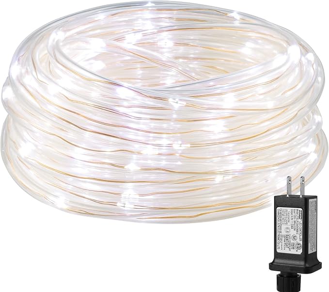 Lighting EVER 33ft Thin Rope Lights Outdoor Waterproof, 6000K Cool White | 1/4" Pencil-Thin Clear Tube, 100 LED Copper Wire Lights, Plug-in Outdoor Decor for Railing Fence Balcony, Not Connectable