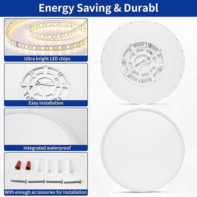 20 inch Dimmable Led Flush Mount Ceiling Light Fixture with Remote Control | 48W 4800LM, Ultra Thin, Modern, Round, White Large Ceiling Lamp for Kitchen Dining Room Bedroom Living Room Home Office