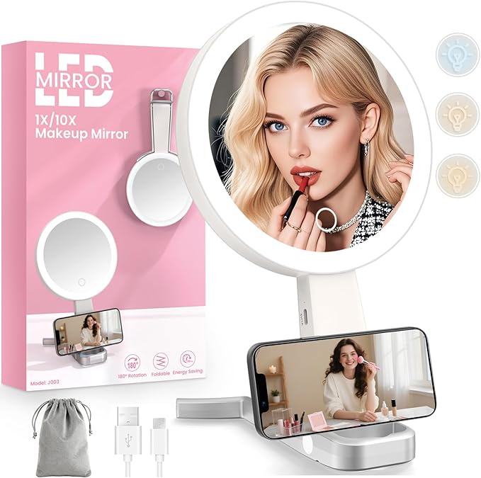 Makeup Mirror with Lights, 10X /1X Double-Sided Lighted Makeup Mirror with Magnification, Rechargeable Magnifying Mirror with 3 Color Lights, Portable Make up Mirror 3 in 1 Tabletop/Handheld/Hanging